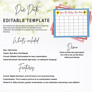 Op de afbeelding: Bewerkbare, afdrukbare sjabloon voor een babyshower-spel genaamd "Raad de uitgerekende datum van de baby". De sjabloon heeft een rood-wit-blauw ruitjespatroon en een kalender met zonnebloemen. De tekst "Raad de uitgerekende datum van de baby" staat bovenaan de kalender.