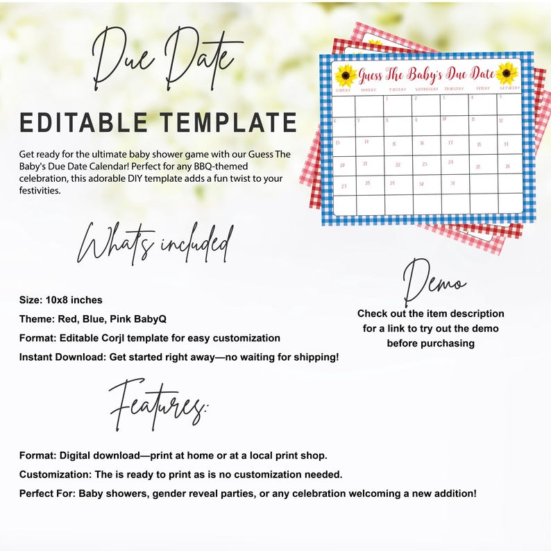 Op de afbeelding: Bewerkbare, afdrukbare sjabloon voor een babyshower-spel genaamd "Raad de uitgerekende datum van de baby". De sjabloon heeft een rood-wit-blauw ruitjespatroon en een kalender met zonnebloemen. De tekst "Raad de uitgerekende datum van de baby" staat bovenaan de kalender.