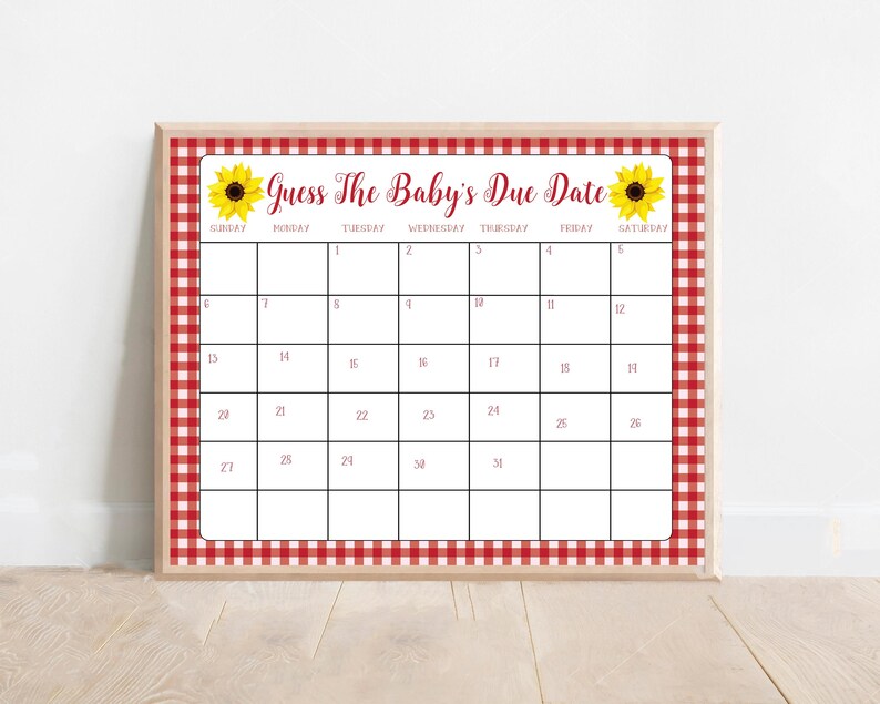 Op de afbeelding: Een printbaar babyshower-spel met een rode en witte gingham-achtergrond. Het spel heet "Raad de uitgerekende datum van de baby" en bevat een kalender met zonnebloemen bovenaan.