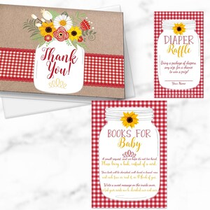Country BabyQ BBQ-babyshower | Boekaanvraagkaart, luierloterij en bedankkaartenset | Mason Jar en Kraft-thema | Babystrooisel