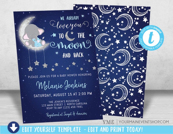 Boy Baby Shower Invitation, Love You To the Moon and back Baby Shower Invitation, Elephant Baby Shower invite, Twinkle Twinkle Little Sar Il_570xn
