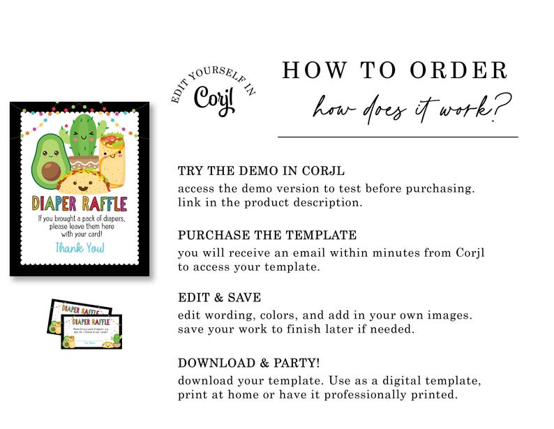 May include: A printable diaper raffle sign with a black background and colorful illustrations of a taco, avocado, and cactus. The text reads "Diaper Raffle" and "If you brought a pack of diapers, please leave them here with your card! Thank You!"