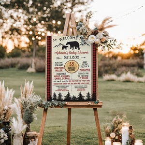 Holzfäller Bär Schwangerschaft Stats Board Baby Dusche Willkommensschild - Bearbeitbares druckbares Dekor - 24x36, 20x30, 16x20, 11x14 Posterdateien