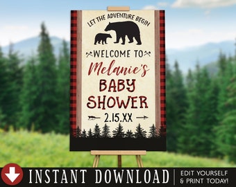 Lumberjack Bear Baby Shower Decorations Welcome Sign Baby Shower Banner Printable Baby Shower Decor Poster