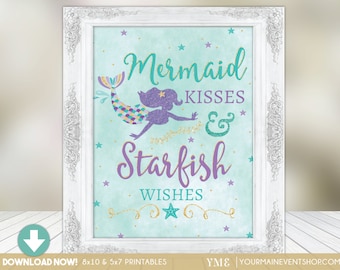 Mermaid Party Sign • Mermaid Kisses & Starfish Wishes Centerpiece Birthday Party Sign • Under The Sea Instant Download Printable