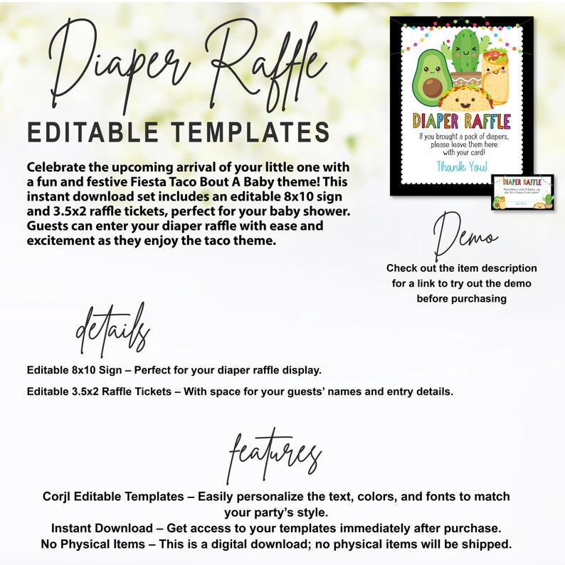 May include: Editable printable templates for a baby shower diaper raffle with a fiesta taco theme. The templates include a sign and raffle tickets. The sign features a cartoon avocado, cactus, and taco. The text on the sign says "Diaper Raffle".