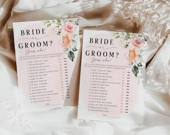 50 Printed Bridal Shower Games: Bride or Groom Guess Who Trivia For Wedding Guests, Blush Pink Floral Theme