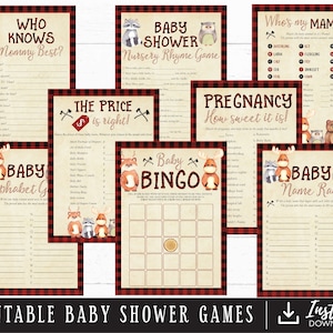 Red Woodland Lumberjack Baby Shower Games Baby Sprinkle Games Bingo ...