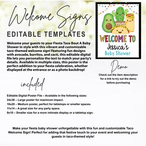 May include: Editable digital poster template for a fiesta-themed baby shower. The poster features a welcome sign with illustrations of avocados, burritos, and cacti. The text on the poster reads "Welcome to Jessica's Baby Shower".