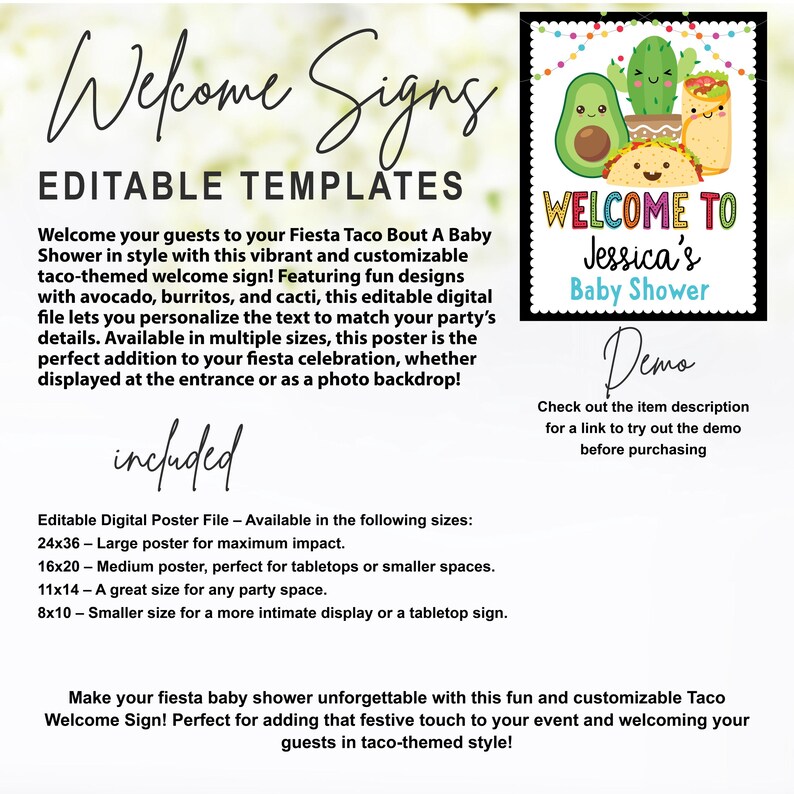 May include: Editable digital poster template for a fiesta-themed baby shower. The poster features a welcome sign with illustrations of avocados, burritos, and cacti. The text on the poster reads "Welcome to Jessica's Baby Shower".