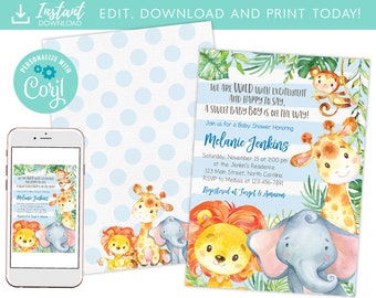 Blue Jungle Safari Baby Shower Invitation with Elephant, Monkey, Giraffe, and Lion Invite Instant Download Editable Template Corjl