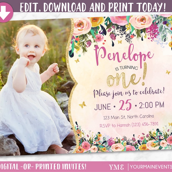 Whimsical Butterfly First Birthday Invitation • Watercolor Garden Floral 1st Birthday Invite • Glitter Girl Birthday Printable  • BS-G-02