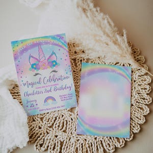 May include: A colorful invitation for a child's second birthday party. The invitation features a unicorn with a rainbow background and the text "Over the Rainbow for a Magical Celebration. Please join us to celebrate Charlotte's 2nd Birthday!" The invitation also includes the date, time, and RSVP information.