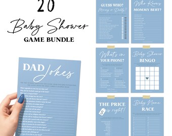 May include: A set of 20 blue baby shower game cards with white text. The games include "Guess Who? Mommy or Daddy?", "Who Knows Mommy Best?", "What's in Your Phone?", "Baby Shower Bingo", "Dad Jokes", "The Price is Right!" and "Baby Name Race".