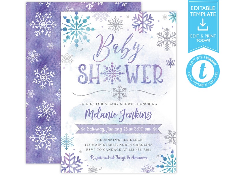 Winter Wonderland Baby Shower Invitation Purple Silver Etsy