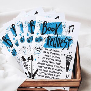 Carte de demande de livre pour baby shower bleue Born to rock | Modèle modifiable 3,5 x 5 pouces | Téléchargement instantané Corjl Design