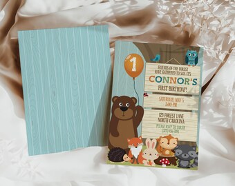 Invito di compleanno con animali della foresta, volpe e orso del bosco