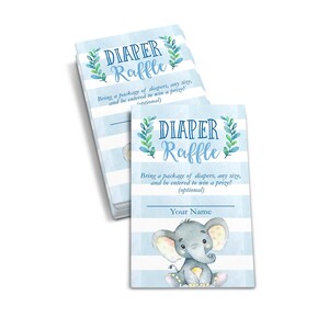 May include: Blue and white striped diaper raffle ticket with a cute cartoon elephant illustration. The text reads "Diaper Raffle" and "Bring a package of diapers, any size, and be entered to win a prize! (optional)"