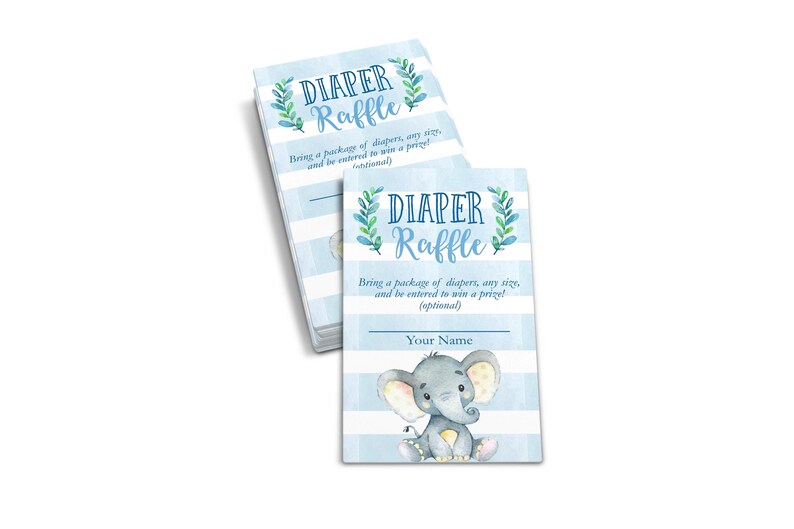 May include: Blue and white striped diaper raffle ticket with a cute cartoon elephant illustration. The text reads "Diaper Raffle" and "Bring a package of diapers, any size, and be entered to win a prize! (optional)"
