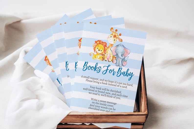 May include: Baby shower invitations with blue and white stripes, featuring illustrations of a lion, giraffe, and elephant. The text reads "Books For Baby" and includes a request for guests to bring a book instead of a card.