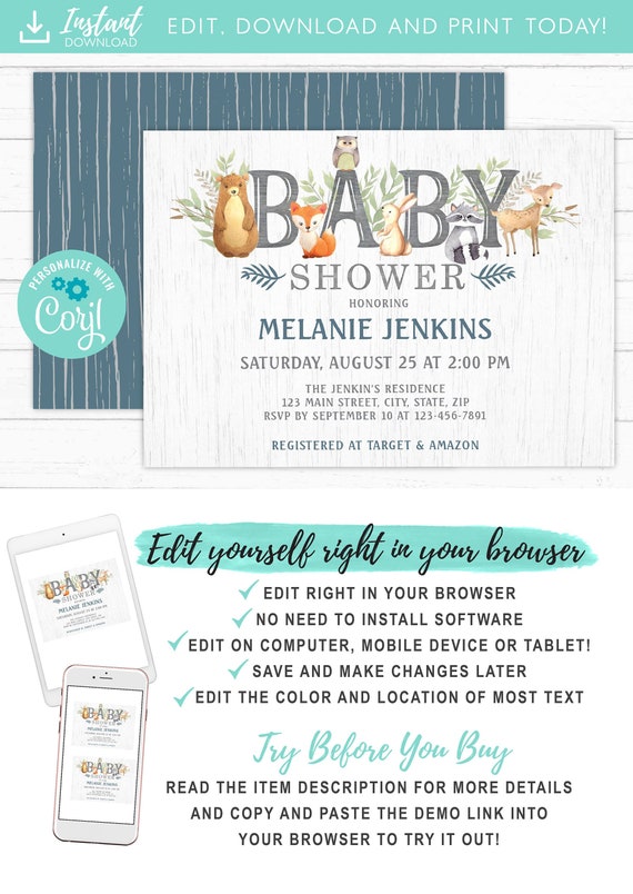 Blue Woodland Baby Shower Invitation, Boy Floral Deer Fox Raccoon Bunny Forest Animals Baby Invite Template Instant Download Il_570xn