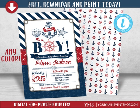 Nautical Baby Shower Invitation - Beach Boy Baby Shower - Ahoy It's a Boy - Anchor Invite # 023 Il_570xn