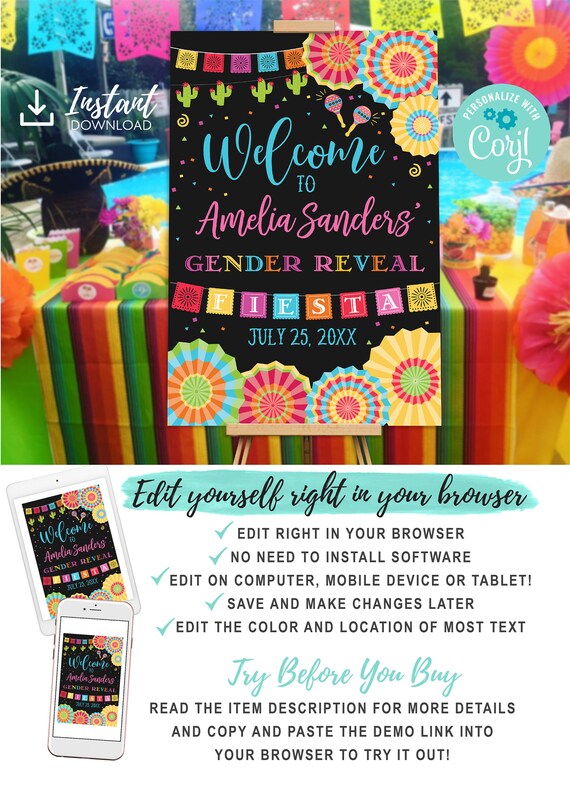 Fiesta Gender Reveal Welcome Sign Baby Shower Edit Yourself Editable Poster Digital File Il_570xn