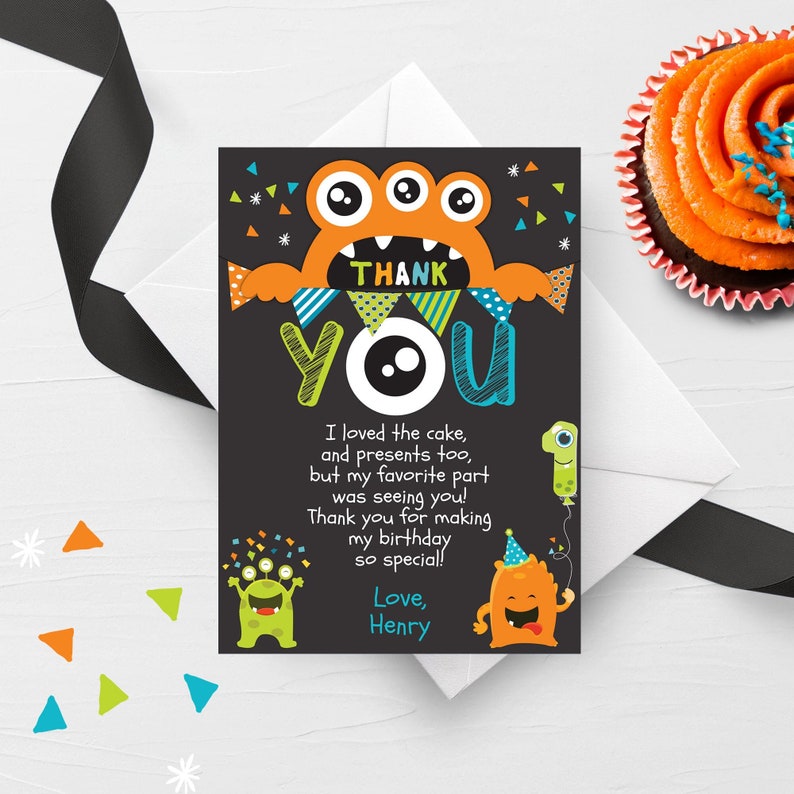 Monster Birthday Party Thank You Card, 1st Birthday, 2nd Birthday, Editable Template Instant Download image 1