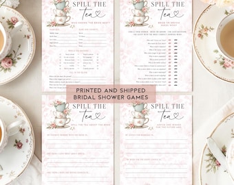 Printed Spill the Tea Bridal Shower Game Set, Pink Tea Party Wedding Shower Games, Who Knows the Bride, Bride or Groom, Advice Wishes Cards