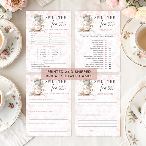 Printed Spill the Tea Bridal Shower Game Set, Pink Tea Party Wedding Shower Games, Who Knows the Bride, Bride or Groom, Advice Wishes Cards