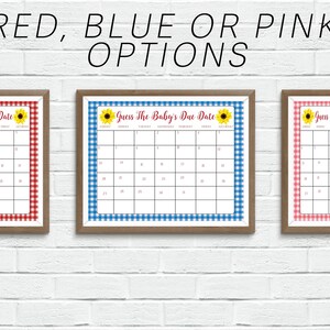 Op de afbeelding: Drie afdrukbare babyborrelspelkaarten met een gingham-patroon in rood, blauw en roze. Elke kaart heeft een zonnebloemgrafiek en de tekst "Raad de uitgerekende datum van de baby".