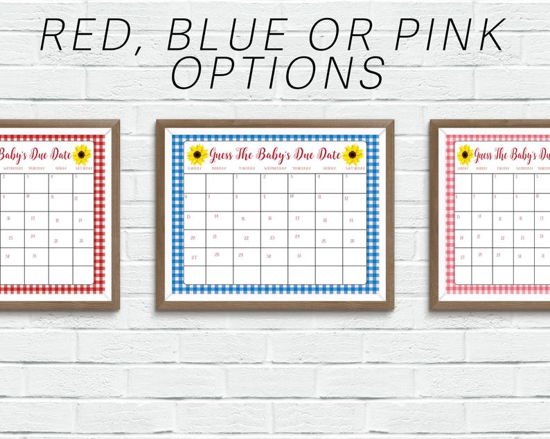 Op de afbeelding: Drie afdrukbare babyborrelspelkaarten met een gingham-patroon in rood, blauw en roze. Elke kaart heeft een zonnebloemgrafiek en de tekst "Raad de uitgerekende datum van de baby".
