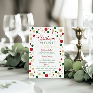 Dinermenu kerstfeest afdrukbaar | Direct downloaden | Sjabloon zelf bewerken | 5 x 7 | Gouden, groene, rode en witte stippen