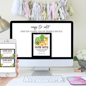 May include: A computer screen displaying a printable diaper raffle card with a cartoon avocado, guacamole, and a burrito. The text on the card reads "Diaper Raffle" and "Thank You".