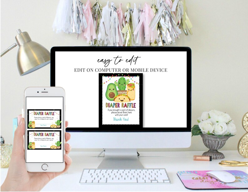 May include: A computer screen displaying a printable diaper raffle card with a cartoon avocado, guacamole, and a burrito. The text on the card reads "Diaper Raffle" and "Thank You".