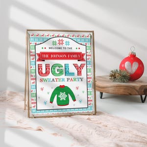 May include: A printable sign for a Christmas party with a festive, colorful, knitted sweater design. The sign says "Welcome to the Johnson Family Ugly Sweater Party".