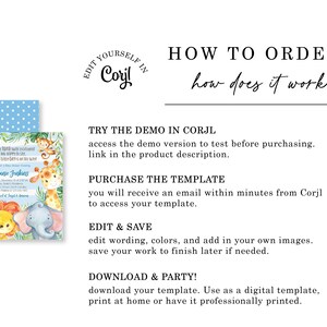 May include: A baby shower invitation template with a jungle animal theme. The invitation features a blue polka dot pattern on the back and a colorful design with a lion, elephant, giraffe, and monkey. Text includes "Melanie Jenkins" and instructions on how to order.