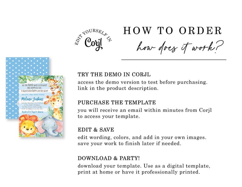 May include: A baby shower invitation template with a jungle animal theme. The invitation features a blue polka dot pattern on the back and a colorful design with a lion, elephant, giraffe, and monkey. Text includes "Melanie Jenkins" and instructions on how to order.