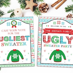 May include: Two printable signs for a Christmas Ugly Sweater party. The left sign says "Cast your vote for the ugliest sweater" and features a green sweater with a snowflake. The right sign says "Welcome to the Johnson Family Ugly Sweater Party" and also features a green sweater with a snowflake.