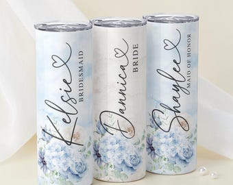 Personalized Bridal Party Tumbler, 20 oz Bridesmaid Proposal Gift, Custom Bride Maid of Honor Cup, Something Blue Floral Wedding Tumbler