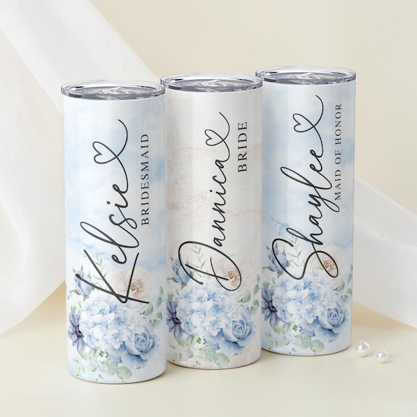 Personalized Bridal Party Tumbler, 20 oz Bridesmaid Proposal Gift, Custom Bride Maid of Honor Cup, Something Blue Floral Wedding Tumbler