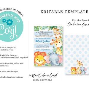 May include: An editable baby shower invitation template with a jungle theme. The design features watercolor illustrations of a lion, giraffe, elephant, and monkey. The invitation includes the text "Edit Yourself in Corjl" and "Instant Download".