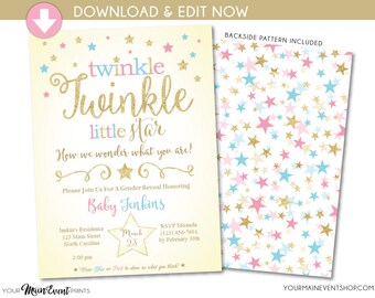 Twinkle Twinkle Little Star Gender Reveal Invitation • Blue, Pink and Gold Star Gender Reveal Party Invite • Instant Download File