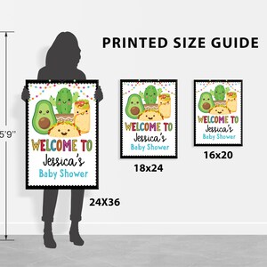 May include: A printable sign for a baby shower with a colorful design featuring a cartoon avocado, cactus, and tacos. The sign says "Welcome to Jessica's Baby Shower". The sign is available in three sizes: 16x20 inches, 18x24 inches, and 24x36 inches.