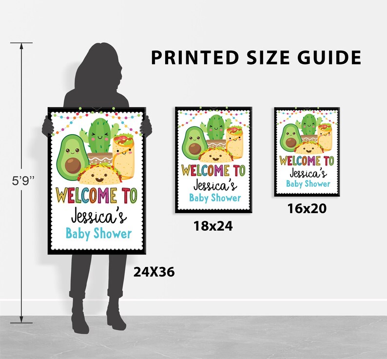 May include: A printable sign for a baby shower with a colorful design featuring a cartoon avocado, cactus, and tacos. The sign says "Welcome to Jessica's Baby Shower". The sign is available in three sizes: 16x20 inches, 18x24 inches, and 24x36 inches.