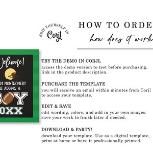 May include: A green and black printable sign with the text "Welcome! Team Montgomery is adding a Boy 20XX". The sign features a football and a football helmet.