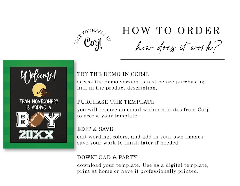 May include: A green and black printable sign with the text "Welcome! Team Montgomery is adding a Boy 20XX". The sign features a football and a football helmet.
