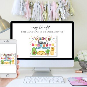 May include: Editable digital printable for a baby shower. The design features a welcome message, the name Jessica, and a fiesta theme with avocado and taco illustrations.
