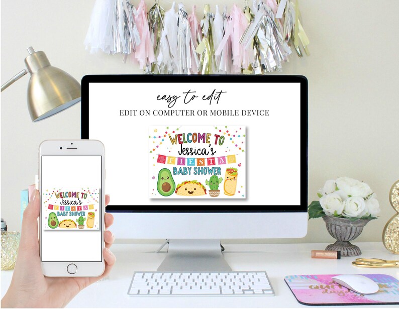 May include: Editable digital printable for a baby shower. The design features a welcome message, the name Jessica, and a fiesta theme with avocado and taco illustrations.