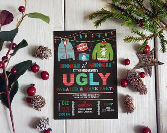 May include: A black and white invitation for a Jingle & Mingle Ugly Sweater & Mask Party at The Henderson's on December 23rd at 7:00 PM. The invitation features a festive design with two people wearing ugly sweaters and masks.